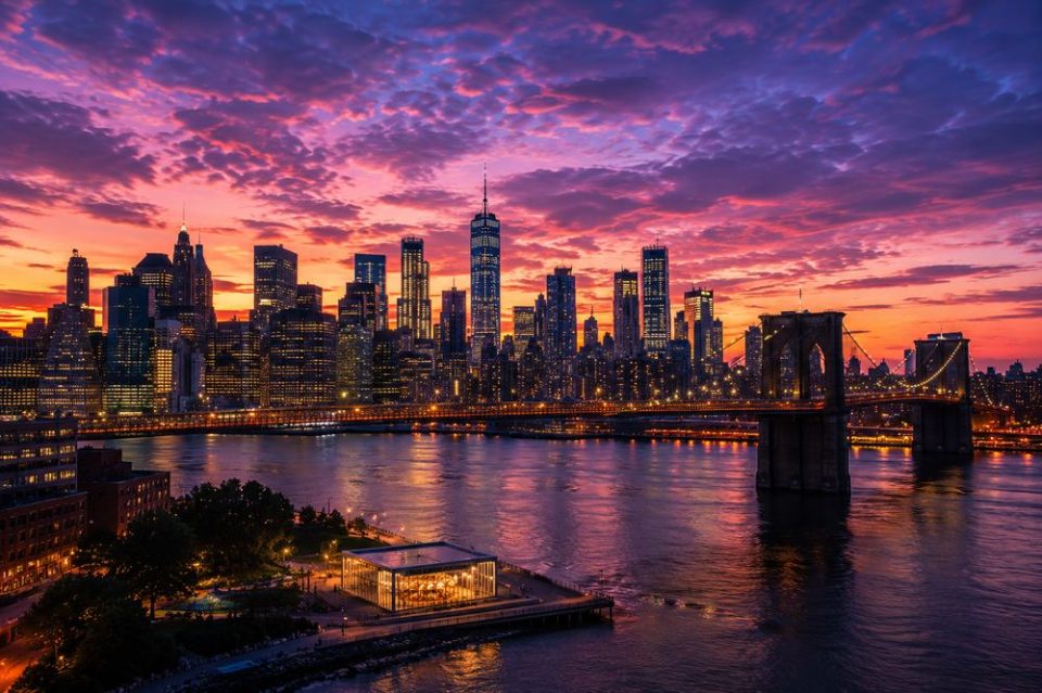 New York City skyline at sunset